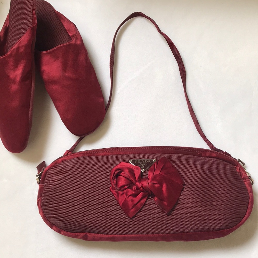 AUTHENTIC {PRADA} purse and matching silk slippers! Red Burgundy vintage Y2K